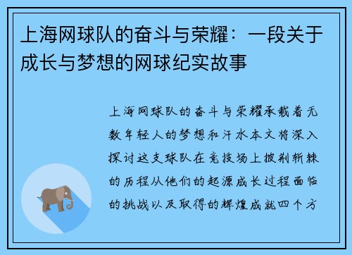 上海网球队的奋斗与荣耀：一段关于成长与梦想的网球纪实故事